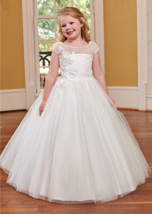 Ivory Lattice Lace Tulle 3D Flowers Sweet Flower Girl Dress